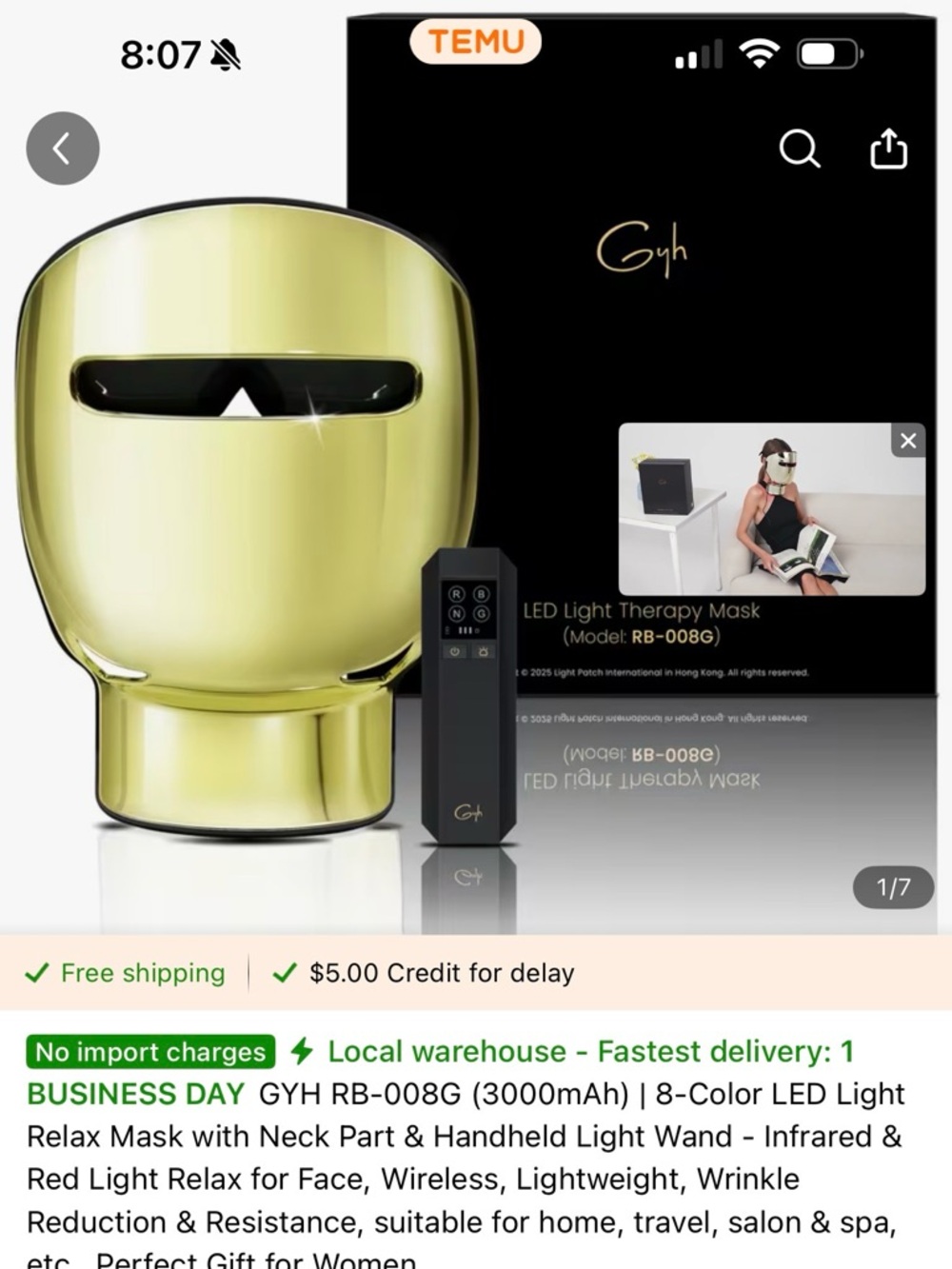 Gold LED Light Therapy Face Mask - 8-Color